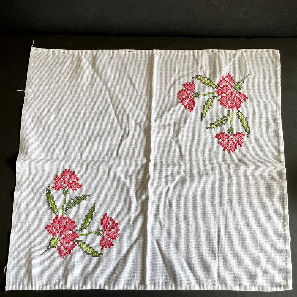 Handmade Cross Stitch Flowers Dresser Topper Hankie Tea Towel